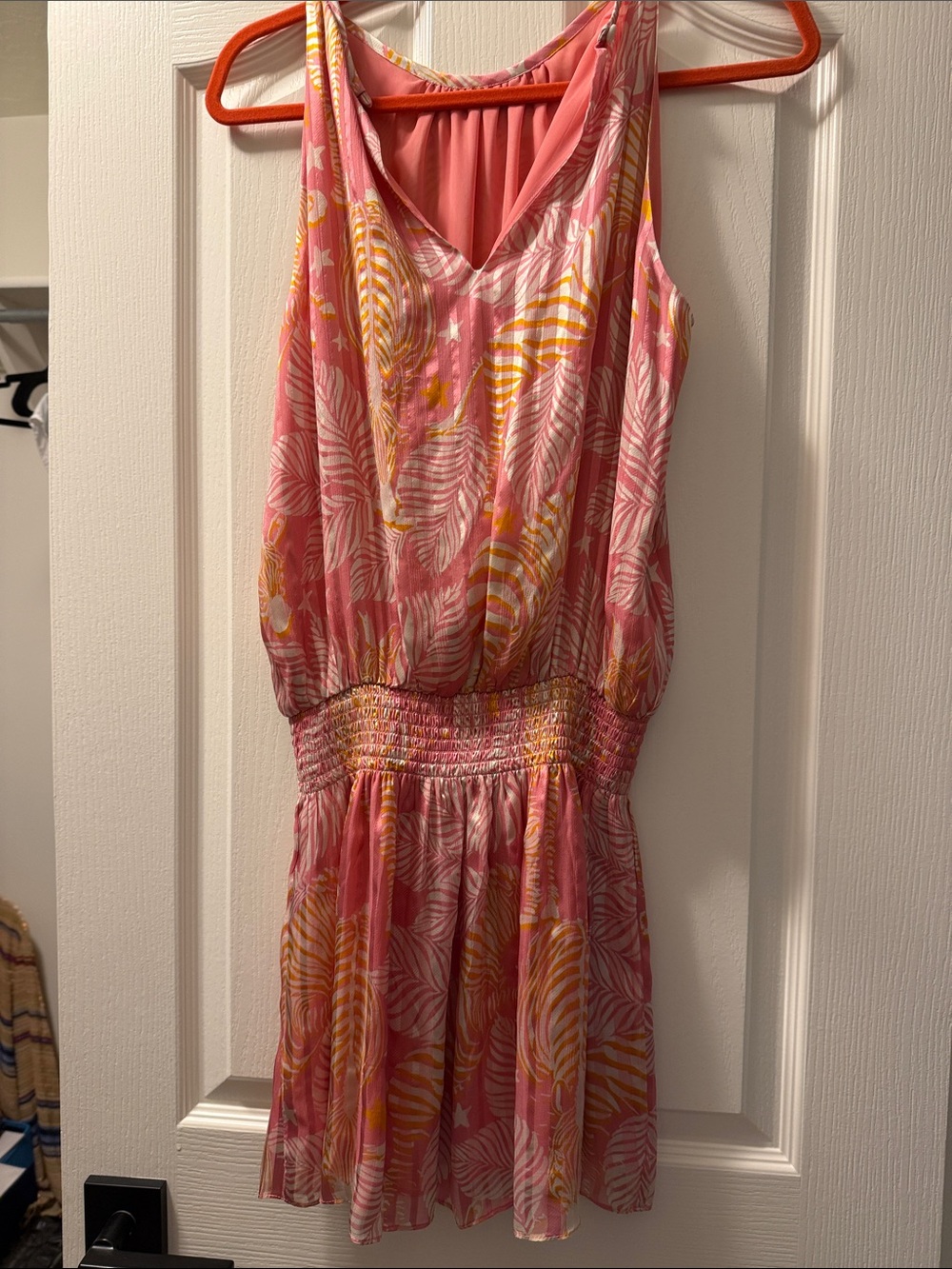 Ramy Brook Pink and Yellow Tropical Smocked-Waist Mini Dress - Picture 3 of 3